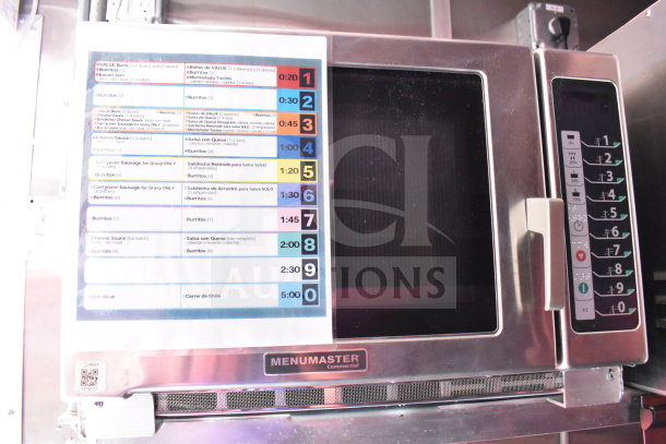 Commercial Menumaster microwave with program settings visible, part of 2022 Rock Solid Cargo Wendy's Food Trailer kitchen.