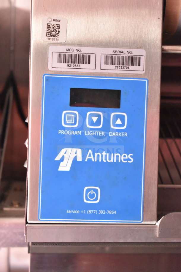 Antunes control panel inside 2022 Rock Solid Cargo 8.5x28 Wendy's Food Trailer. Labels show MFG No. 9210888, Serial No. 22023708.