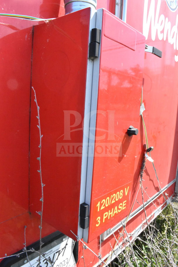 2022 Rock Solid Cargo 8.5x28 Wendy's Food Trailer exterior, featuring a 120/208V 3 phase electrical box, red finish.