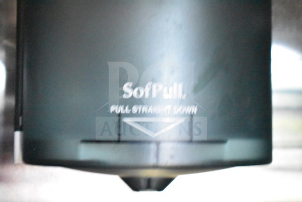 SofPull paper towel dispenser with "PULL STRAIGHT DOWN" text, part of Wendy's Food Trailer setup.