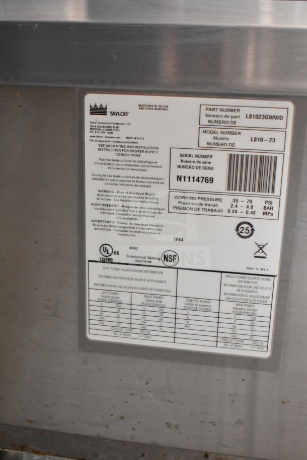 Taylor frozen shake machine label with part number L81023GWWD, model number L810-23, and serial number N1114769.