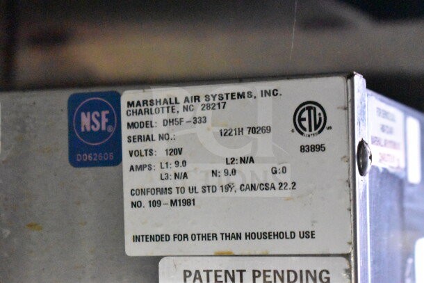 NSF and ETL-certified label for Marshall Air Systems model DH5F-333, 120V, serial 1221H 70269, non-household use.