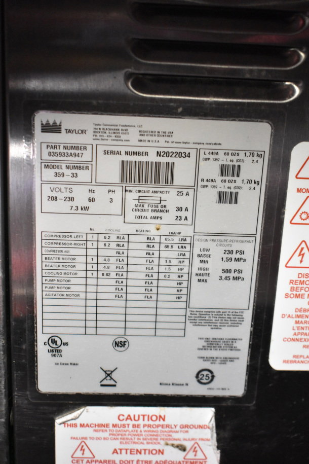 Taylor Frozen Shake Machine serial plate showing model 359-33, serial number N2022034, and power specifications.