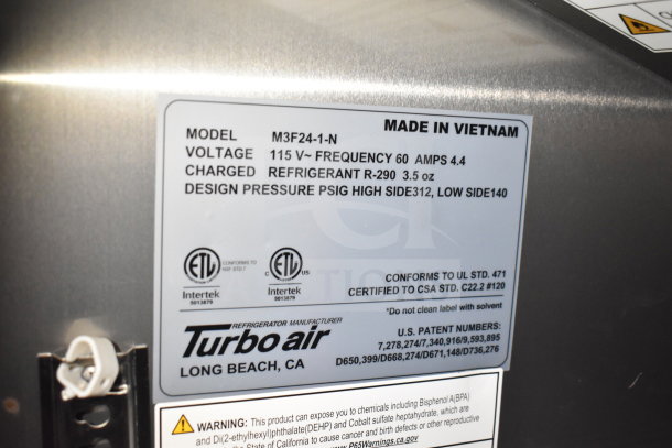 Label on Turbo Air refrigeration unit, model M3F24-1-N, 115V, 60Hz, R-290 refrigerant, Made in Vietnam.