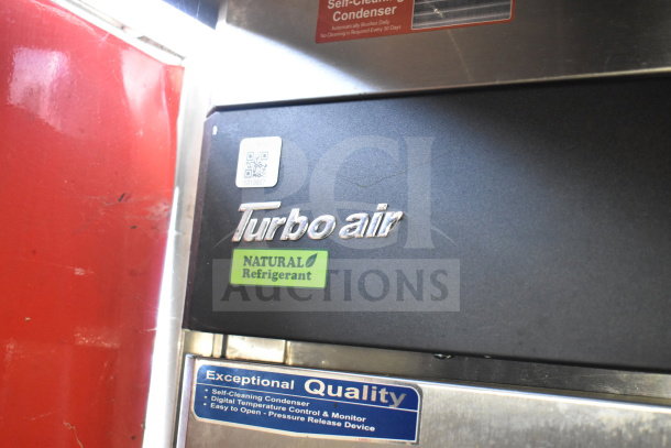 Turbo Air refrigerator with "Natural Refrigerant" label, features include self-cleaning condenser and digital control.