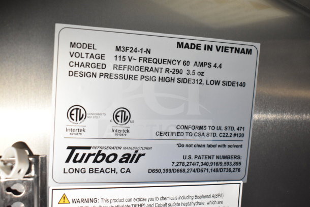 Turbo Air refrigeration unit label, Model M3F24-1-N, 115V, manufactured in Vietnam, certified to UL standards.