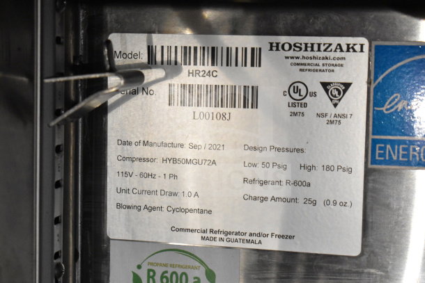 "Label on Hoshizaki commercial refrigerator, model HR24C. Key specs: 115V, R-600a refrigerant, made in Guatemala."