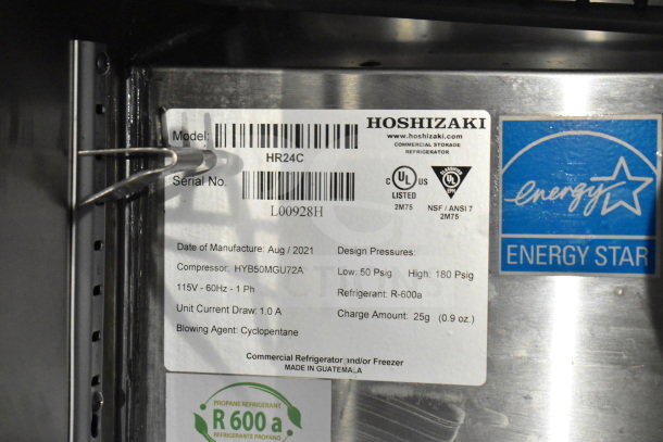 Label on a commercial refrigerator or freezer, model HR24C, manufactured August 2021, Energy Star rated.