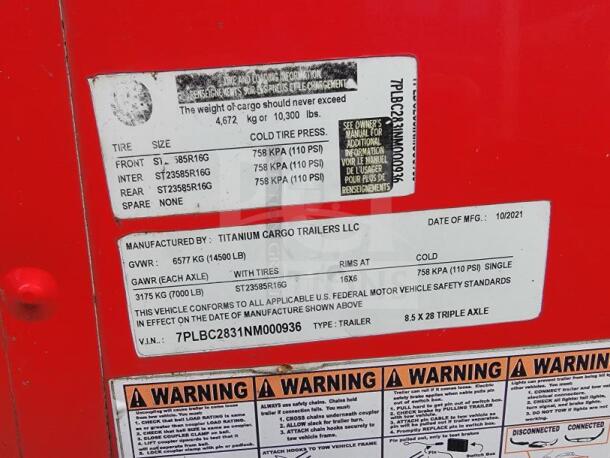 2021 Titanium Cargo Trailers 8.5'x28' food trailer label showing VIN 7PLBC2831NM000936, tire specs, and manufacture details.