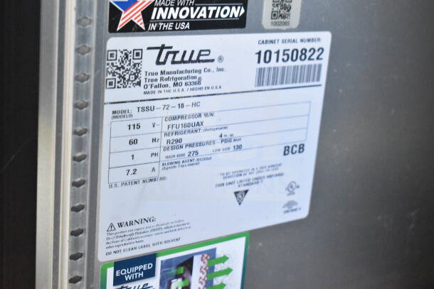 Label on True refrigeration unit in 2021 Diamond Cargo food trailer, showing model TSSU-72-18-HC, 115V, R290 refrigerant.
