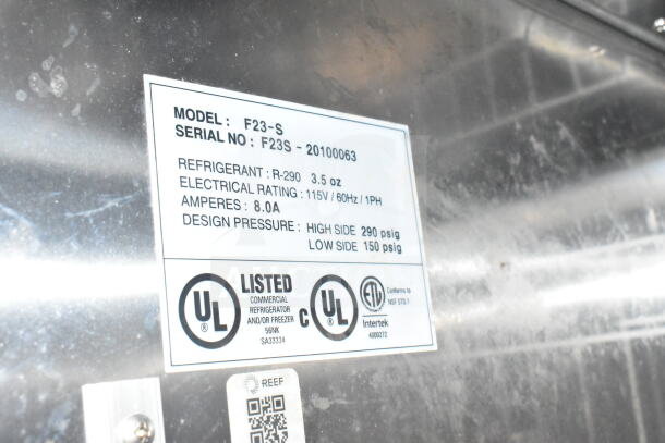 Label on 2021 Diamond Cargo food trailer showing Model F23-S, refrigerant R-290, electrical 115V, listed by UL.