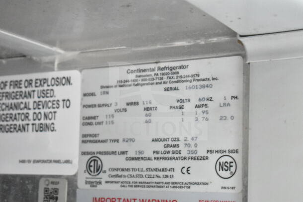 Label on a Continental Refrigerator model 1RN shows specifications: power, voltage, refrigerant type R290, compliance badges.