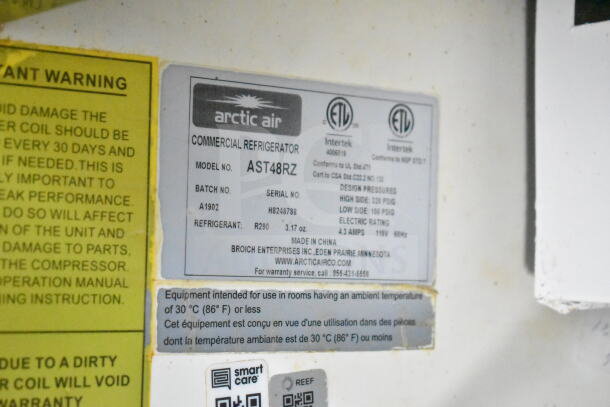 Label on Arctic Air commercial refrigerator model AST48RZ, serial H8248788, made in China.