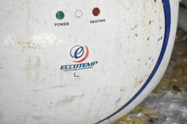 Weathered Eccotemp heating unit with logo, green power and red heating indicators visible.