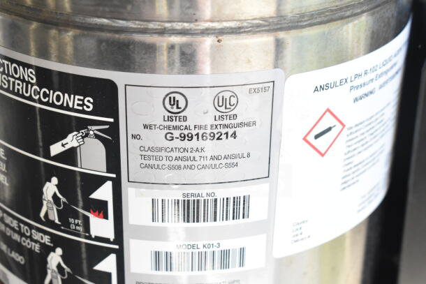 2021 Diamond Cargo food trailer fire extinguisher label. UL listed, with model K01-3 and serial number visible.