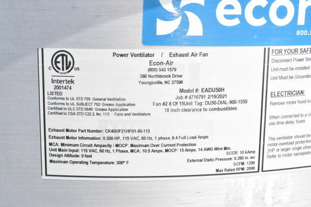 Econ-Air power ventilator label on 2021 Diamond Cargo 8.5'x24' food trailer; includes certification and model details.