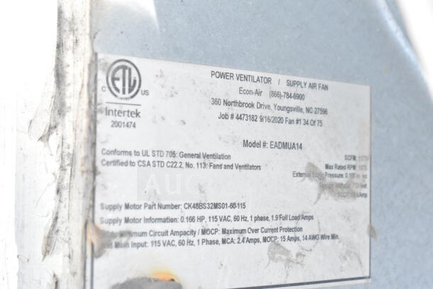 Label on power ventilator in 2021 Diamond Cargo 8.5'x24' food trailer, model EADMUA14, with certifications and motor details.