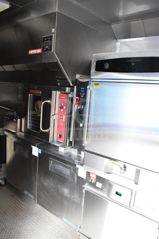 Alt text: "2021 Texino 28ft Cooking Trailer with Ultrafryer Ultrastat23, CaptiveAire Hood, True Refrigeration. Tested, working equipment."