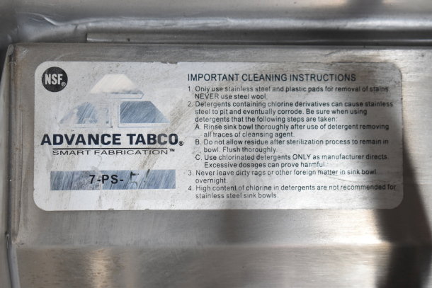 Stainless steel sink cleaning instructions from Advance Tabco, detailing proper cleaning methods and materials.