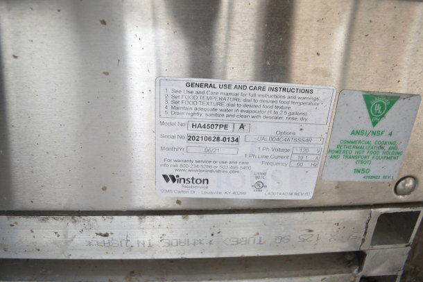 Texino 2021 28ft cooking trailer label showing model HA4507PE, serial 20210628-0134, UL certification, care instructions.