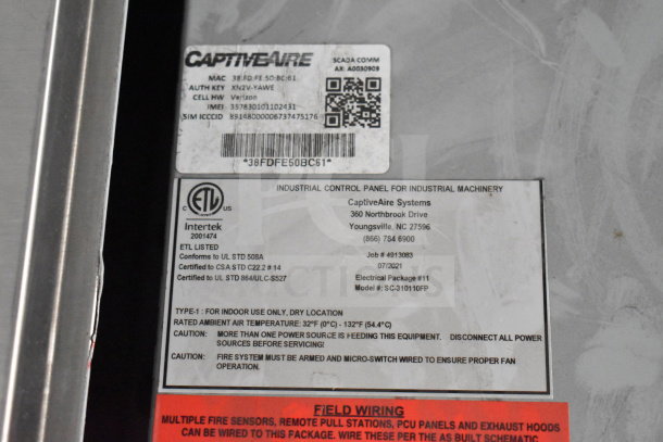 Industrial control panel label for CaptiveAire Systems, includes model SC-310110FP, certifications, and specifications.
