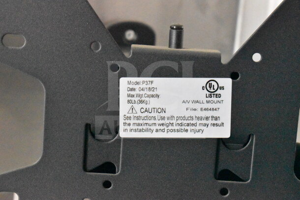 The image shows a label on a metal surface indicating Model P37F, date 04/18/21, with a max weight capacity of 80 lb (36 kg).