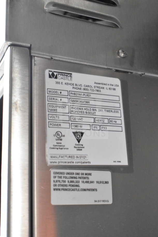Prince Castle label with model PHB21N1-PLK01, serial GSGK383739X. Details: 120VAC, 1380W, July 2021 manufacture.