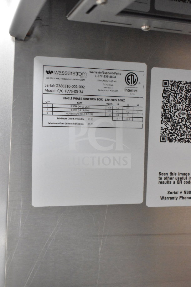 Label on Wasserstrom single-phase junction box, model C/C F775-03-34, showing electrical specifications and serial number.