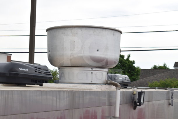 Aluminum ventilation unit on Texino 28ft cooking trailer roof. Features Dometic ventilation systems and exhaust piping.