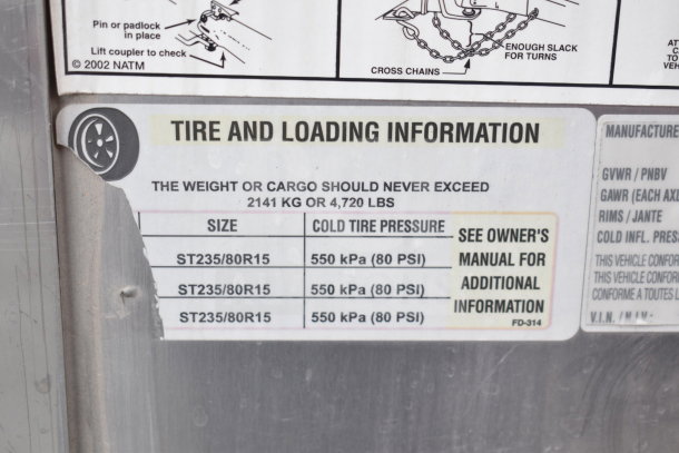 Tire and loading information label for 2021 Texino trailer. Max cargo: 4,720 lbs. Tire size: ST235/80R15. Pressure: 550 kPa.