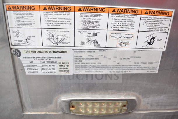 Warning and tire/loading information labels on 2021 Texino trailer. Includes safety chain instructions and tire pressure specs. VIN: 4B9T1EC3XMM286019.