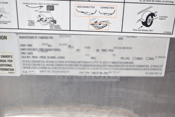 Vin plate of 2021 Texino 28ft Triple-Axle Cooking Trailer. Details: GVWR 21,000 lbs, Tire size ST235/80/R16, VIN 4B9T1EC3XMM286019.