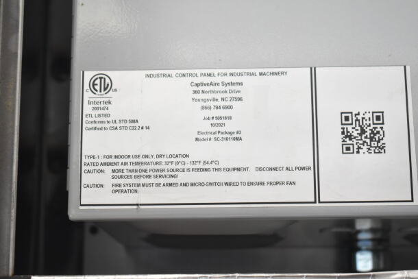 ETL label on CaptiveAire Systems control panel, model SC-310110MA. Details include UL standard compliance and safety instructions.