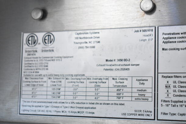 Rock Solid Cargo 8.5'x28' food trailer shell with CaptiveAire grease hood label, model 3650 BD-2, showing specifications.