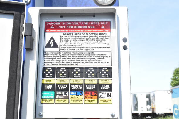 Food trailer electrical panel with safety instructions. High voltage warning, connection guidelines, and wiring color codes displayed.
