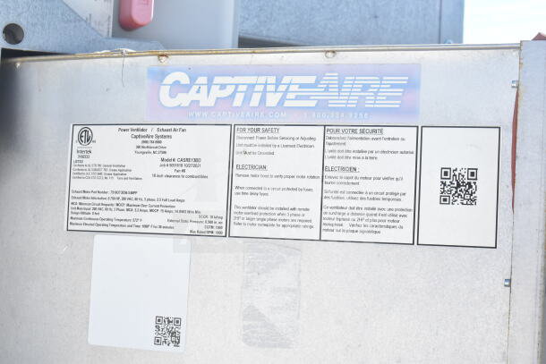 CaptiveAire grease hood label with safety instructions and specifications. Model #CASRE13BD, suitable for food trailers.