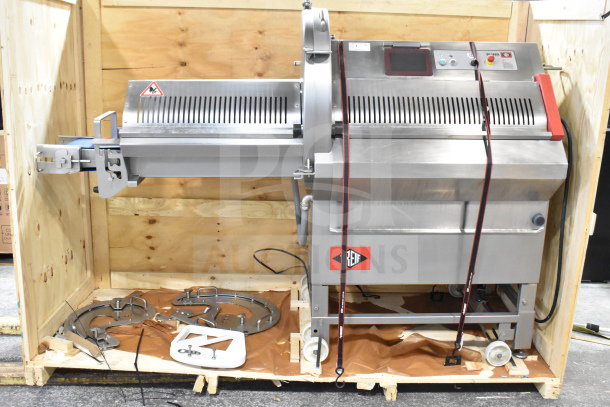Treif Puma horizontal slicer/portion cutter on commercial casters, stainless steel, control panel, Treif logo visible.