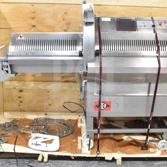 Treif Puma horizontal slicer/portion cutter on commercial casters, stainless steel, control panel, Treif logo visible.