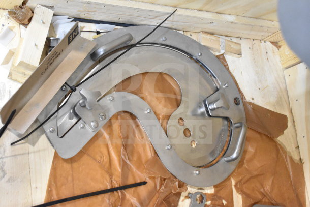 Treif Puma Horizontal Slicer, with portion cutter attachments. Stainless steel components in a wooden crate. Mint condition.