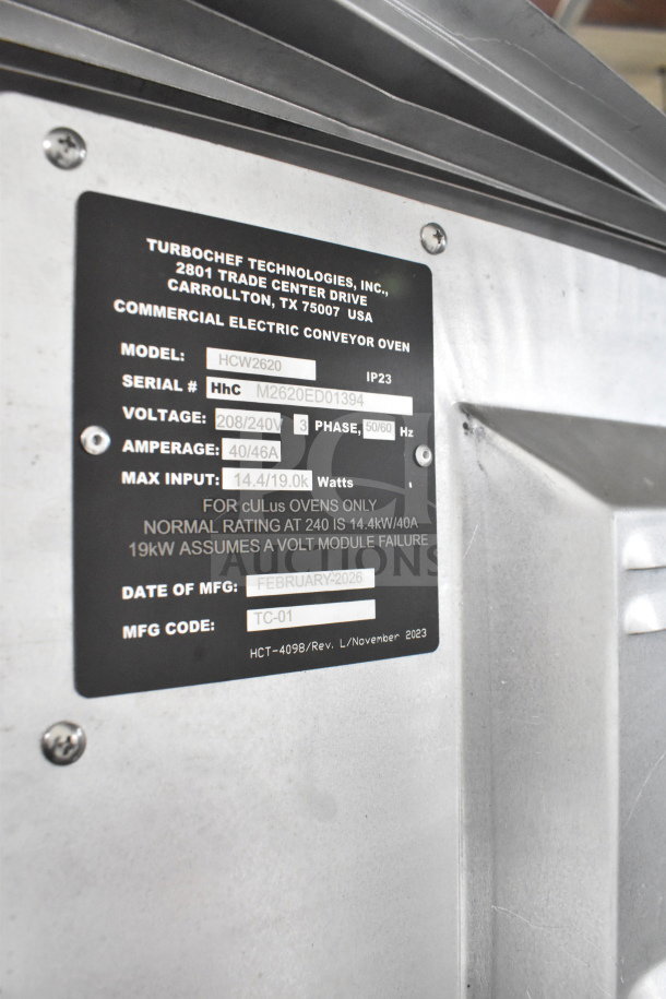 Turbochef HCW2620 commercial conveyor oven label, 208/240V, 3 phase, serial M2620ED01394, MFG date Feb 2026.