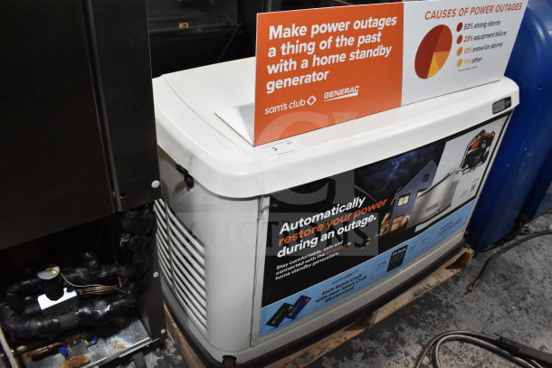Generac Guardian 22kW natural gas standby generator, white, promotional signage visible, excellent for power outages.