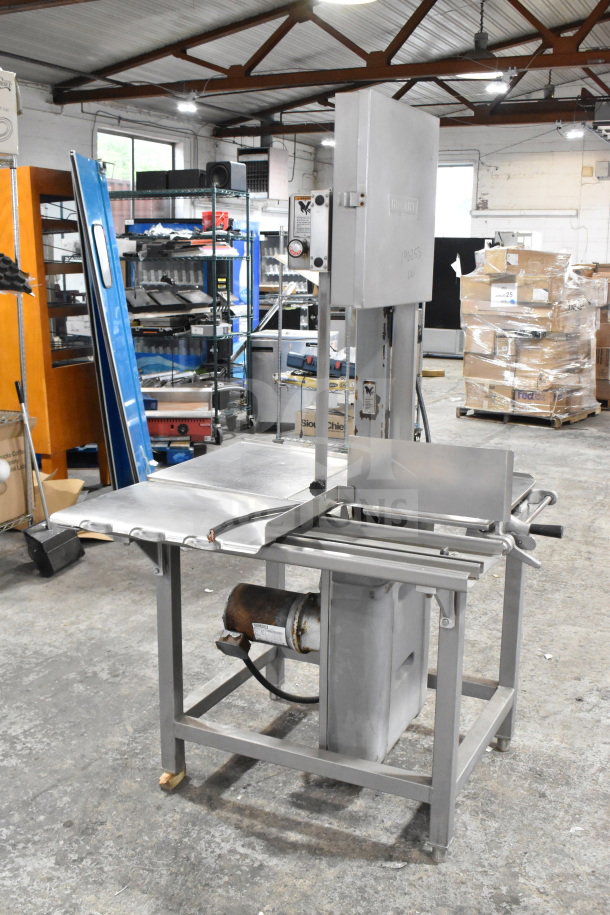 Hobart 6801 Commercial Meat Saw, floor style, 200-230V, 3 phase, visible controls, sturdy metal frame, good condition.