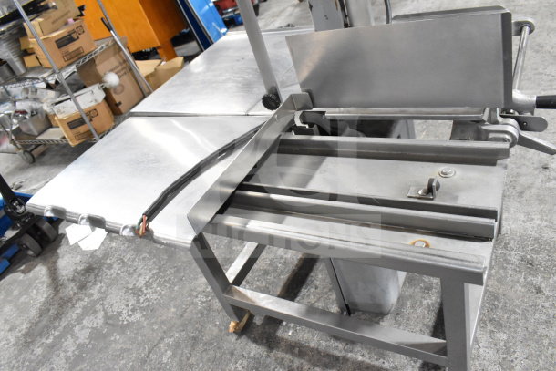 Hobart 6801 Commercial Meat Saw, floor style, 200-230V, 3-phase, stainless steel, used, features adjustable blade tension.