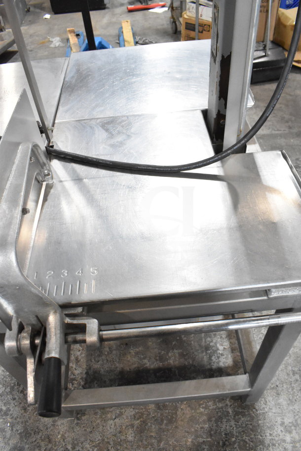 Hobart 6801 Commercial Meat Saw, floor style, stainless steel, 200-230 volts, 3 phase, measuring guide visible.