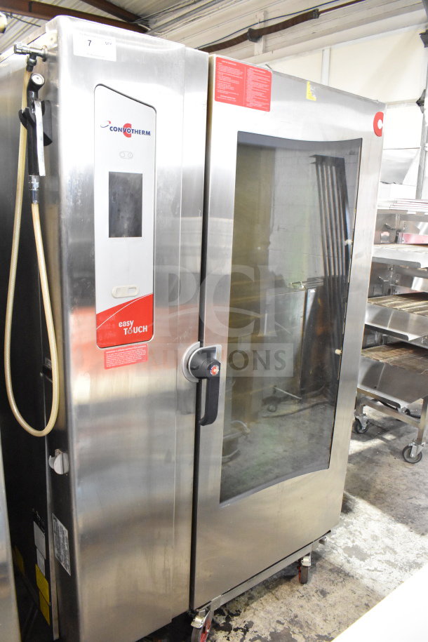 Convotherm CGS-20.20 propane gas combi convection oven, 239,000 BTU, with roll-in rack, stainless steel, floor style, label visible.