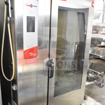 Convotherm CGS-20.20 propane gas combi convection oven, 239,000 BTU, with roll-in rack, stainless steel, floor style, label visible.