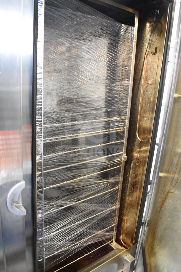 Convotherm CGS-20.20 propane gas combi oven with roll-in rack, 239,000 BTU, wrapped interior, stainless steel, floor style.