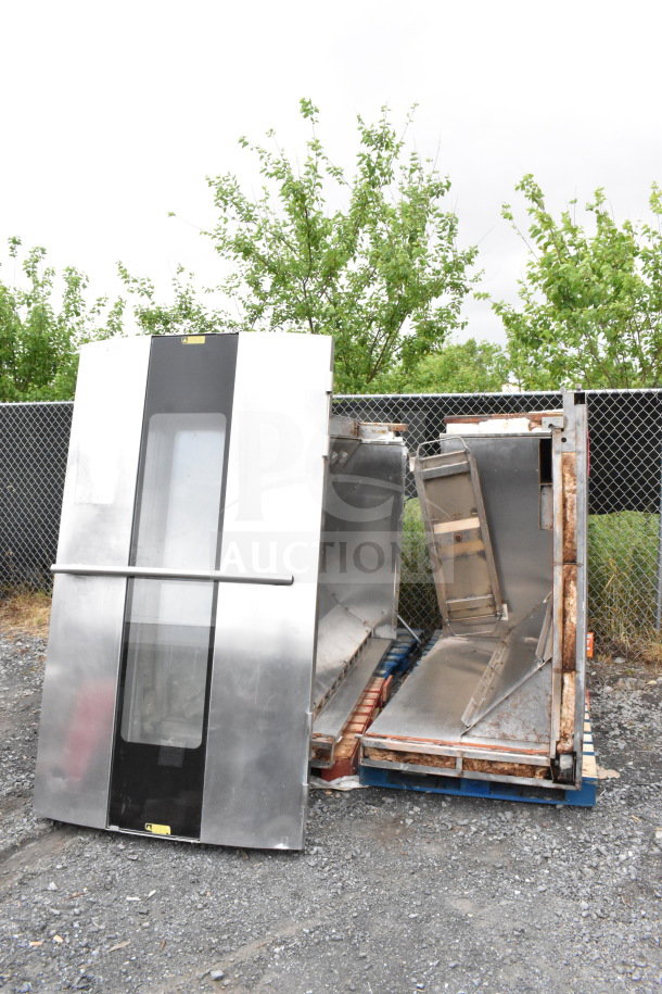 Commercial roll-in rack proofer, disassembled, stainless steel panels, needs assembly, visible wear.