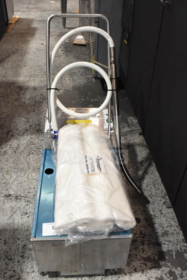 Frymaster PF50 portable fryer oil filter, commercial casters, stainless steel build, visible hose, 110-120V, 1 phase.
