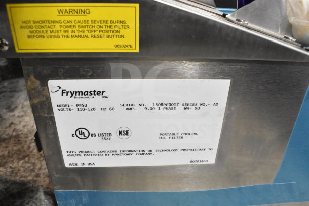 Frymaster PF50 commercial portable fryer oil filter, stainless steel, on casters, 110-120V, Phase 1. Safety and model labels visible.